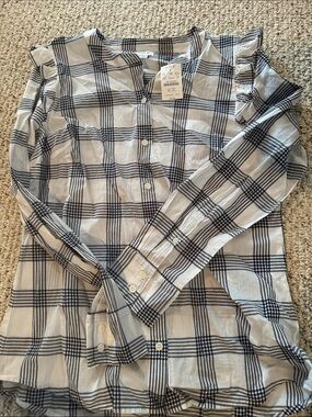 J. Crew Black and White Plaid Ruffle-Shoulder Button-Down Blouse
